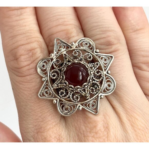 Art Deco Filigree Starburst Carnelian Sterling Silver Vintage 925 Ring - 7.75 - Picture 1 of 10